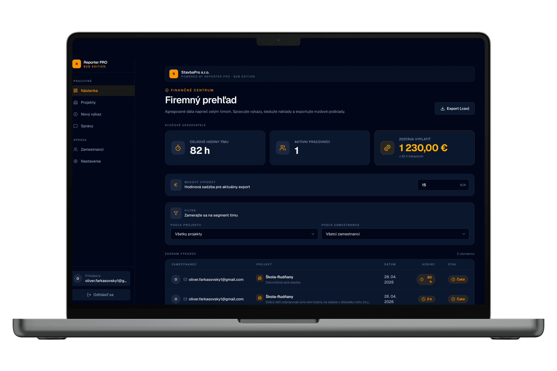 Reporter PRO – Firemný prehľad dashboard na MacBooku