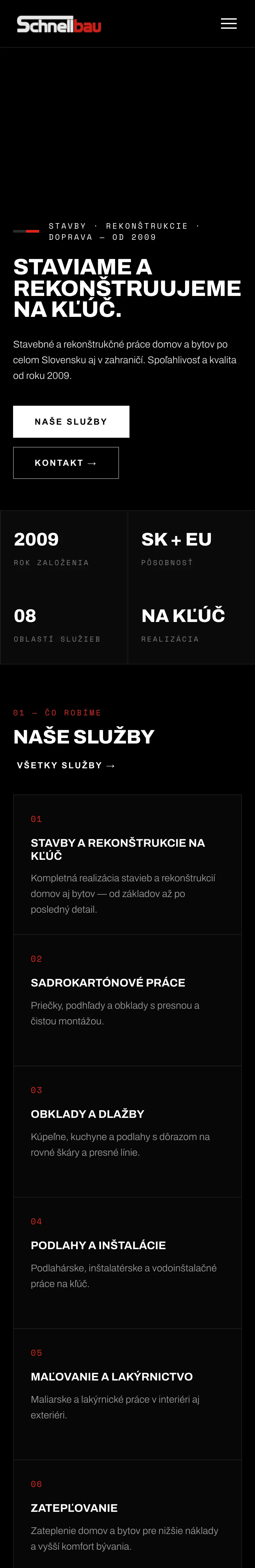 Redizajn webu Schnellbau – mobilná verzia so zoznamom stavebných služieb